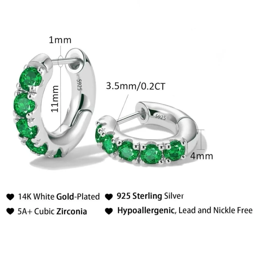 14K White Gold 925 Sterling Silver Emerald Green Cubic Zirconia Huggie Earrings